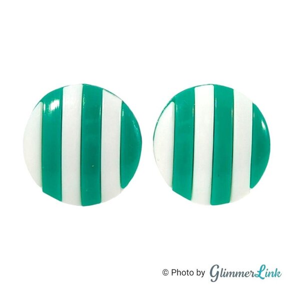 Vintage Round Striped Lucite Green & White Silver Tone Clip On Earrings - Picture 4 of 11